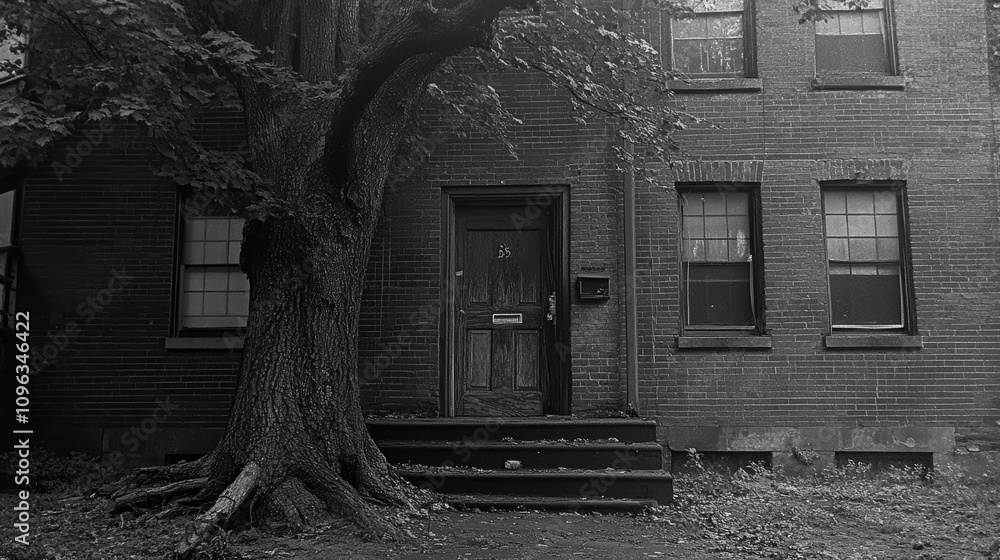 Poster an old brick building with a large tree in front. the tree's roots are visible in the ground. there 