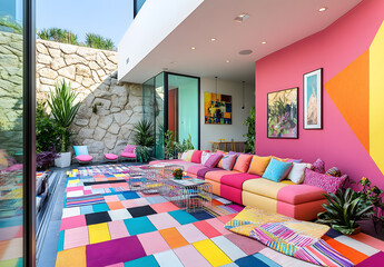 Colorful Modern Living Room With Geometric Decor
