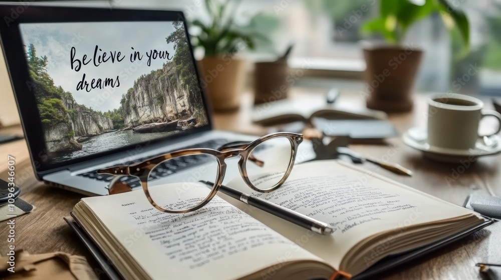 Poster an open journal with a pen on top and a pair of glasses on a wooden table with a laptop with a motiv