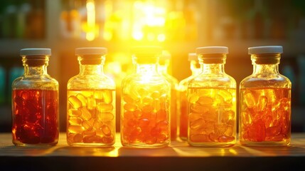 Array of glass bottles filled with Vitamin D capsules and tablets, illuminated by soft natural light, highlighting winter supplementation options.