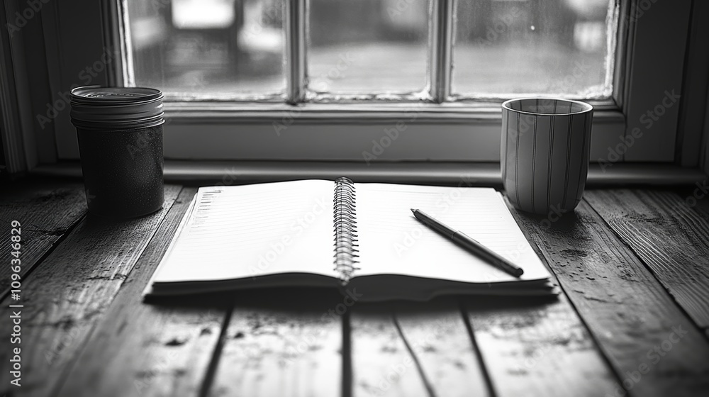 Poster an open notebook with a pencil on a wooden table in front of a window. a glass and a jar are on the 