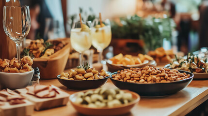 Fototapeta premium Party Spread with Nuts and Champagne Glasses