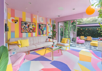 Colorful Modern Living Room With Geometric Decor
