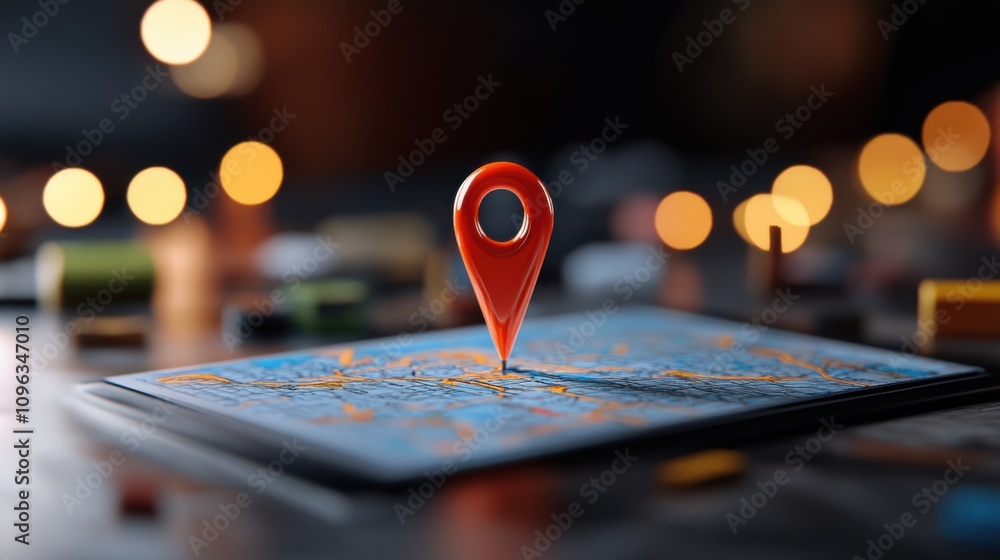Poster vibrant map with location pin highlighting travel destination amidst colorful bokeh effect for navig