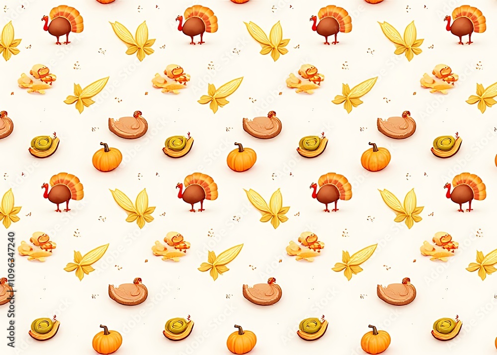 Poster seamless harvest pattern features a repeating design with images of autumn food, turkey, and fall el