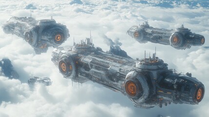 A group of futuristic flying machines in the sky with orange glowing rings and white clouds below them.