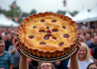 The annual Turkey Day festival features a massive pie held aloft by a crowd of enthusiastic participants for the county fair.