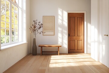 Bright interior hallway featuring a wooden bench and natural light illuminating simple decor