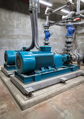 Cold water pump of Condominium. Large blue water pumps motor and pipeline to deliver cooling water...