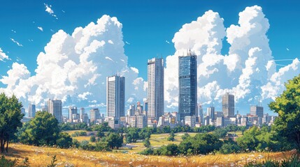 Cityscape with tall buildings and sky filled with white clouds, green trees in the foreground.