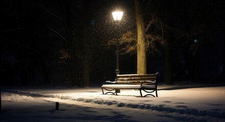 Serene winter night with snowfall illuminated park bench