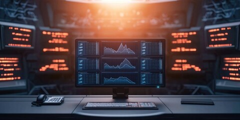 A high-tech workstation featuring multiple screens displaying data analysis and graphs in a futuristic environment.