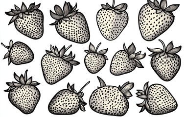 A detailed engraving-style vector set of strawberries with bold black outlines, resembling traditional woodcut or woodblock prints, isolated on a white background