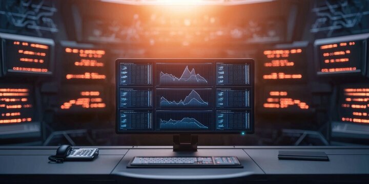A high-tech workstation featuring multiple screens displaying data analysis and graphs in a futuristic environment.