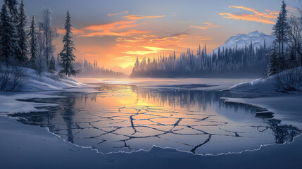 Stunning Winter Landscape at Sunset Featuring a Frozen Lake with Intricate Ice Cracks and Snow-Covered Shores Surrounded by Tall Pine Trees and Majestic Mountains