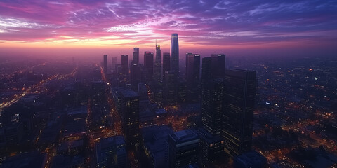 Fototapeta premium Modern City Skyline with Office Buildings and Drone View at Sunset