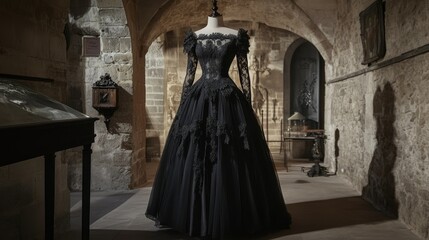 Naklejka premium A black dress displayed on a mannequin in a historic stone room, showcasing fashion design.