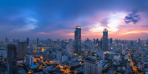 Fototapeta premium Modern City Skyline with Office Buildings and Drone View at Sunset