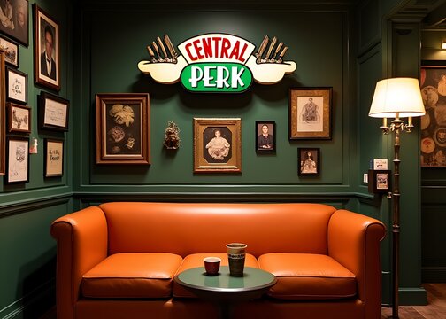 The popular TV show Friends features a coffee shop called Central Perk, a hangout spot with an iconic orange couch and quirky decorations.
