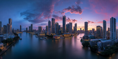 Fototapeta premium Modern City Skyline with Office Buildings and Drone View at Sunset