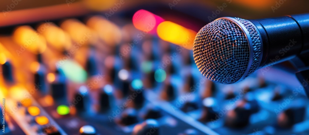 Poster close-up of a microphone in front of a sound mixer.