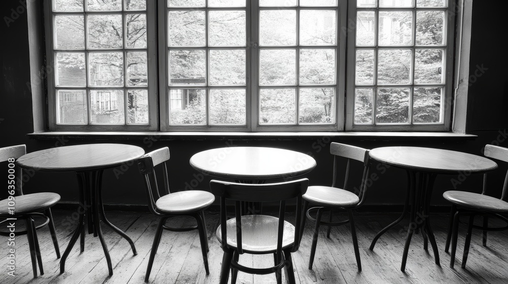 Poster empty cafe tables and chairs by a large window.