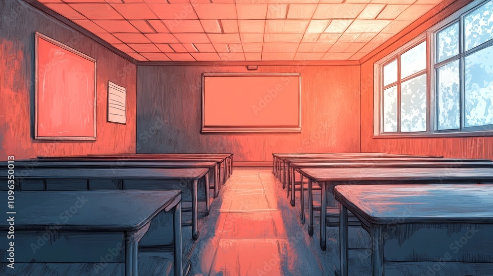 Poster empty classroom with desks arranged in rows, a large projector screen, and a blackboard on the wall.