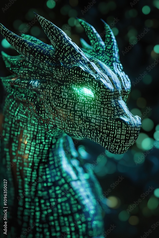 Poster a digital dragon made of glowing binary code, showcasing a fusion of fantasy and technology with str