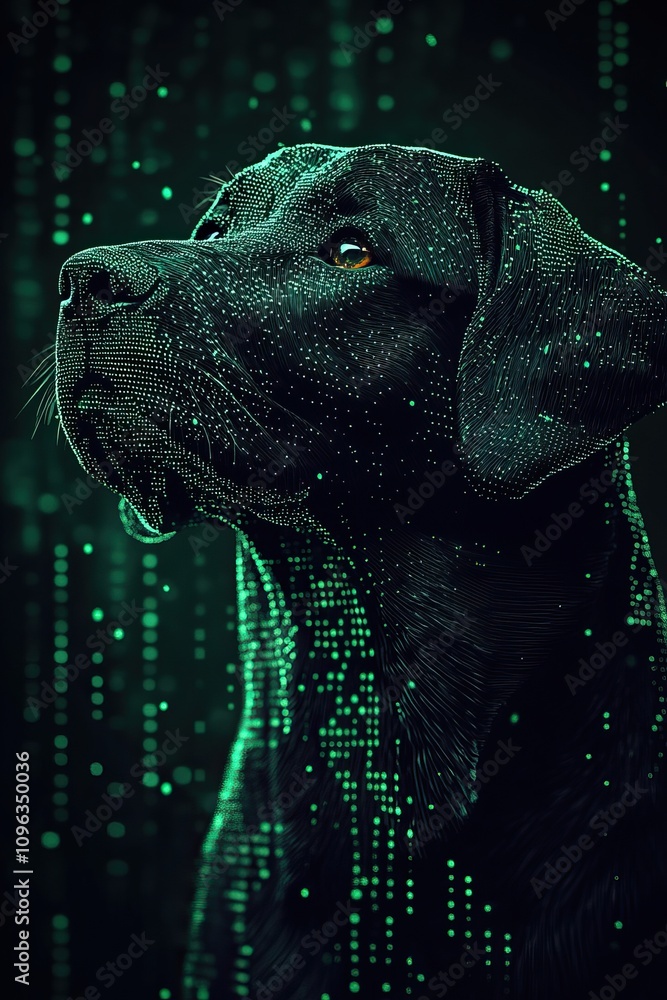 Poster a digital artwork featuring a black dog against a green, matrix-inspired background of binary code, 