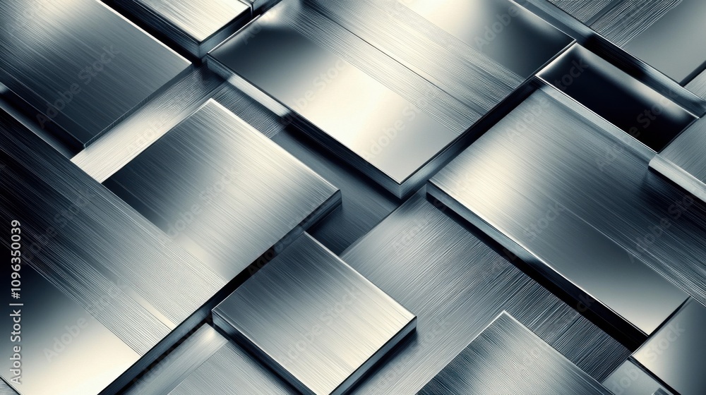 Poster close-up of an intricate pattern of metallic rectangles with a reflective, brushed finish.