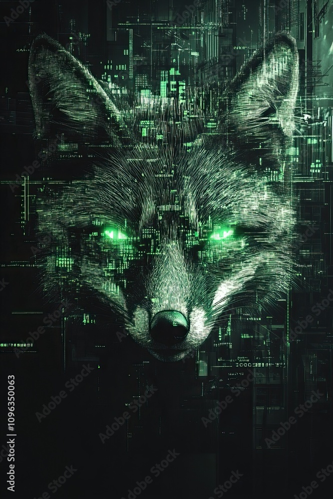 Poster a digital artwork featuring a wolf's face with glowing green eyes, set against a backdrop of abstrac