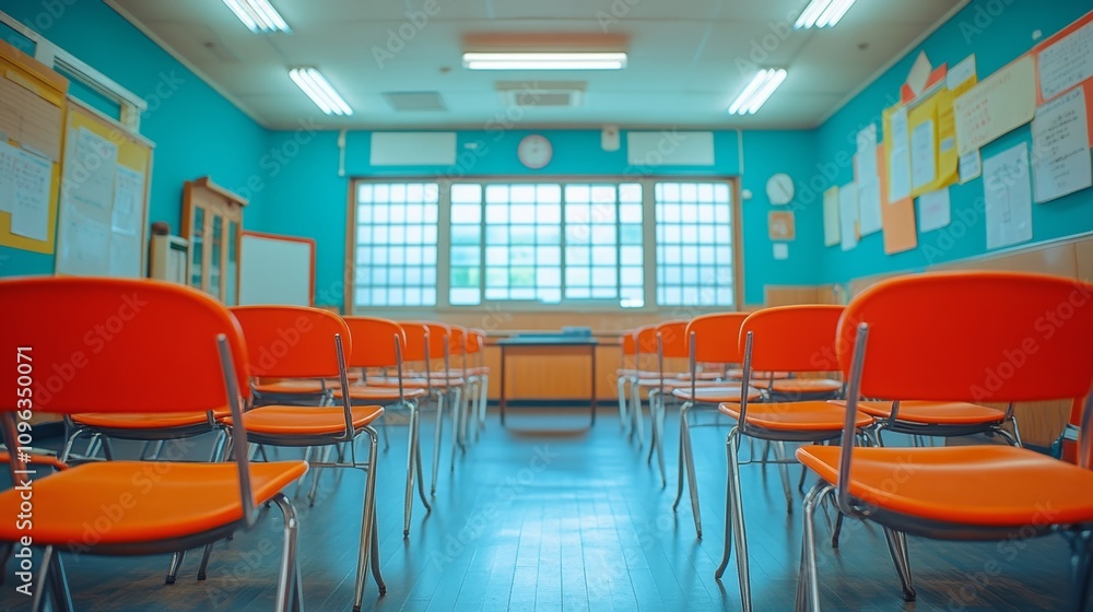 Poster empty classroom with orange chairs and a large window in the back.