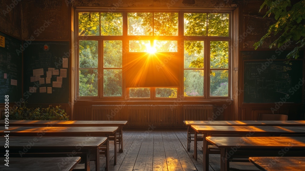 Poster empty classroom with sunlight streaming through a large window.