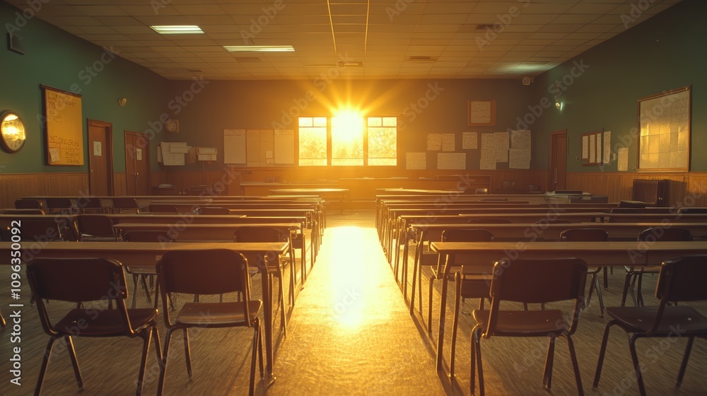 Poster empty classroom with sunlight shining through window.