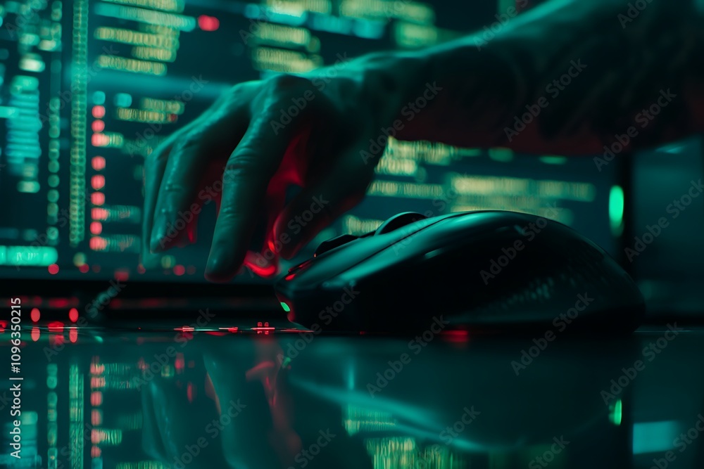 Poster a hand using a computer mouse amidst glowing screens filled with code.