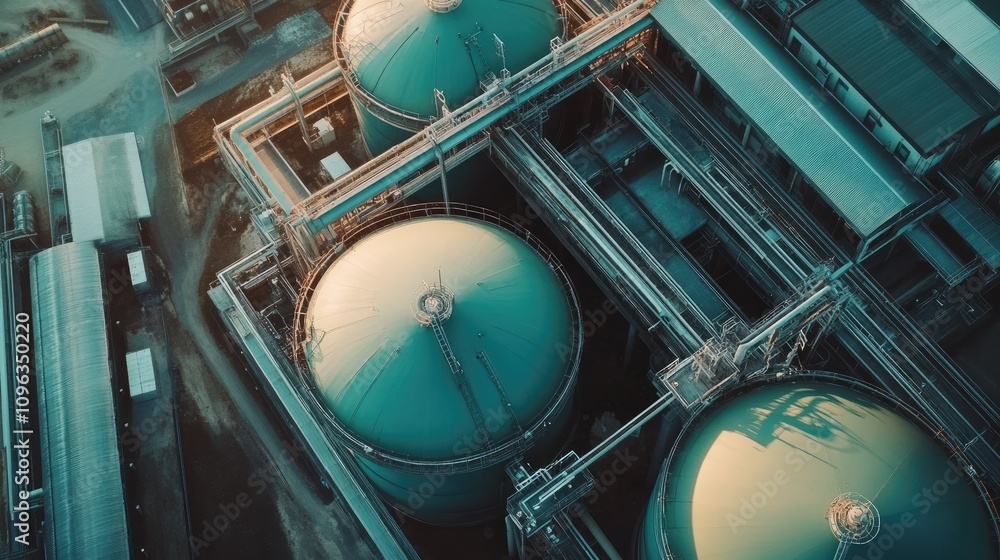 Poster a close-up of biogas capture systems in an industrial setting, storing renewable energy in tanks for
