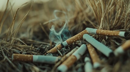 A close-up of discarded cigarette butts in a dry grassy area, emphasizing the environmental pollution and need for better waste management.