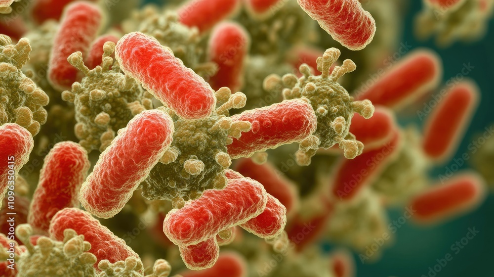 Poster a close-up of salmonella bacteria under a microscope, showing the cellular detail of this harmful pa