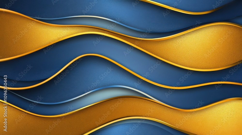 Poster abstract waves of blue and gold flowing in layered patterns, creating a dynamic and modern aesthetic