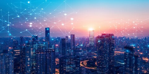 Fototapeta premium Modern City Skyline with Office Buildings and Drone View at Sunset