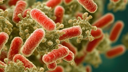 A close-up of Salmonella bacteria under a microscope, showing the cellular detail of this harmful pathogen that leads to foodborne diseases.