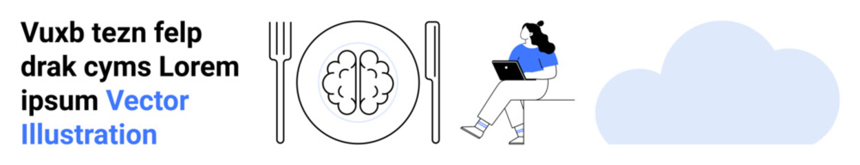 Text next to brain between fork and knife, sitting person with laptop, cloud graphic. Ideal for health, wellness, technology, mental health, balance, education, work-life balance. Landing page