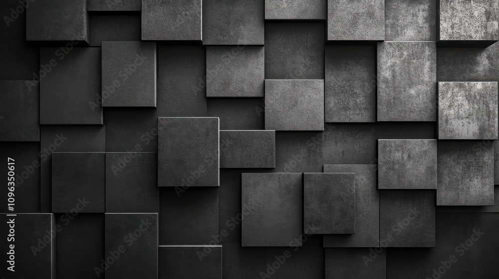Poster abstract composition of varying black and gray square panels creating a modern and textured wall.