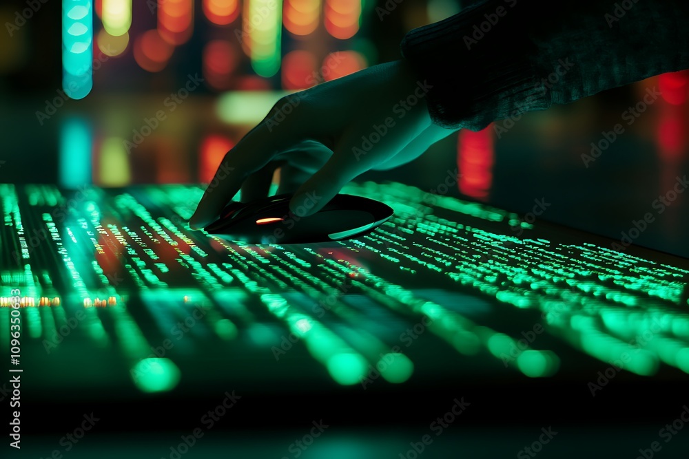Poster a hand using a mouse on a glowing screen filled with code and data.