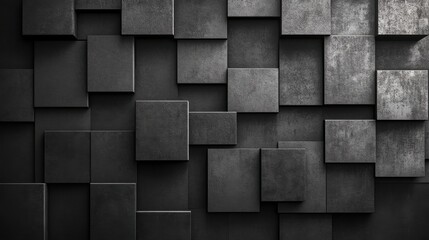 Abstract composition of varying black and gray square panels creating a modern and textured wall.