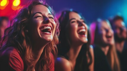 Joyful Friends Sharing Laughter Together in a Vibrant Atmosphere During a Night Out at a Concert or Comedy Show with Colorful Stage Lights