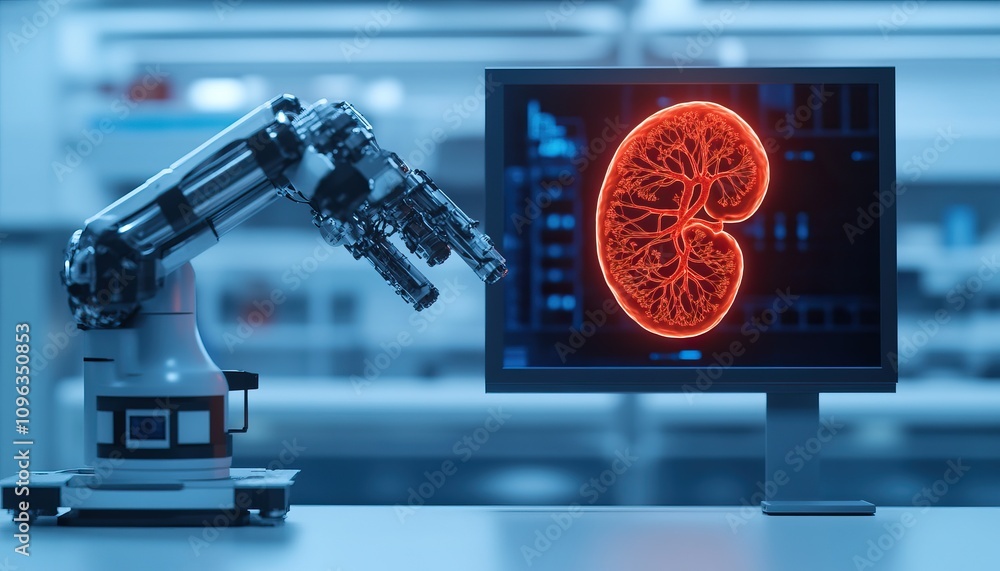 Poster a robotic arm interacts with a monitor displaying a glowing, digital representation of a kidney, sho