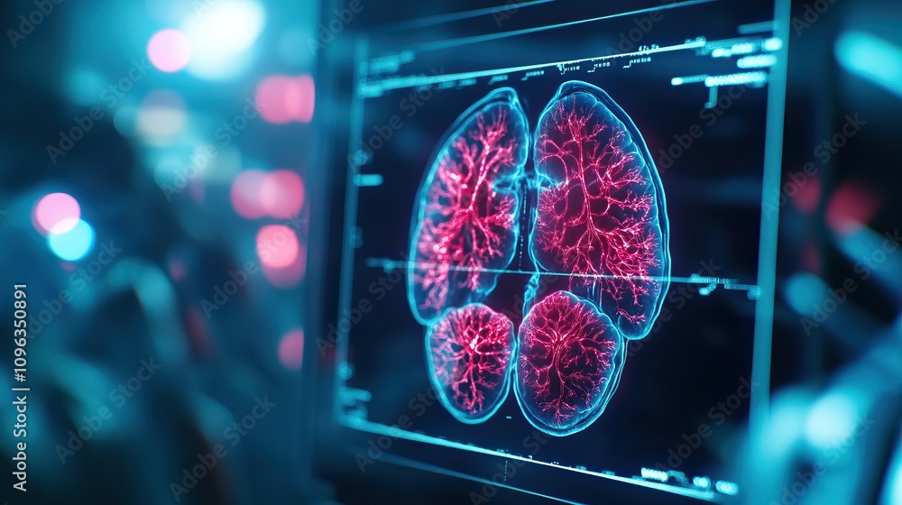 Aufkleber a digital visualization of human lungs displayed on a screen, highlighting intricate structures with