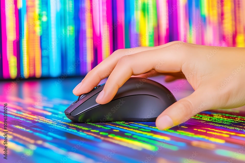 Fototapete A hand using a computer mouse on a colorful, data-themed background.