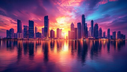 Fototapeta premium A vibrant skyline at sunset, reflecting colorful hues on water, showcasing modern architecture and a lively atmosphere.